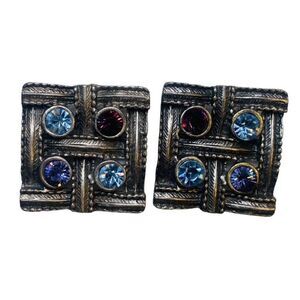 Vintage Large Square Silver Tone Purple Blue Rhinestone Pierced Button Earrings